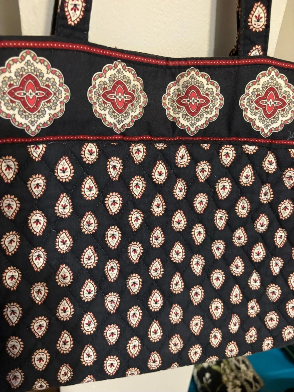 Vera Bradley Navy Quilted Paisley Tote with Red and Cream Accents
